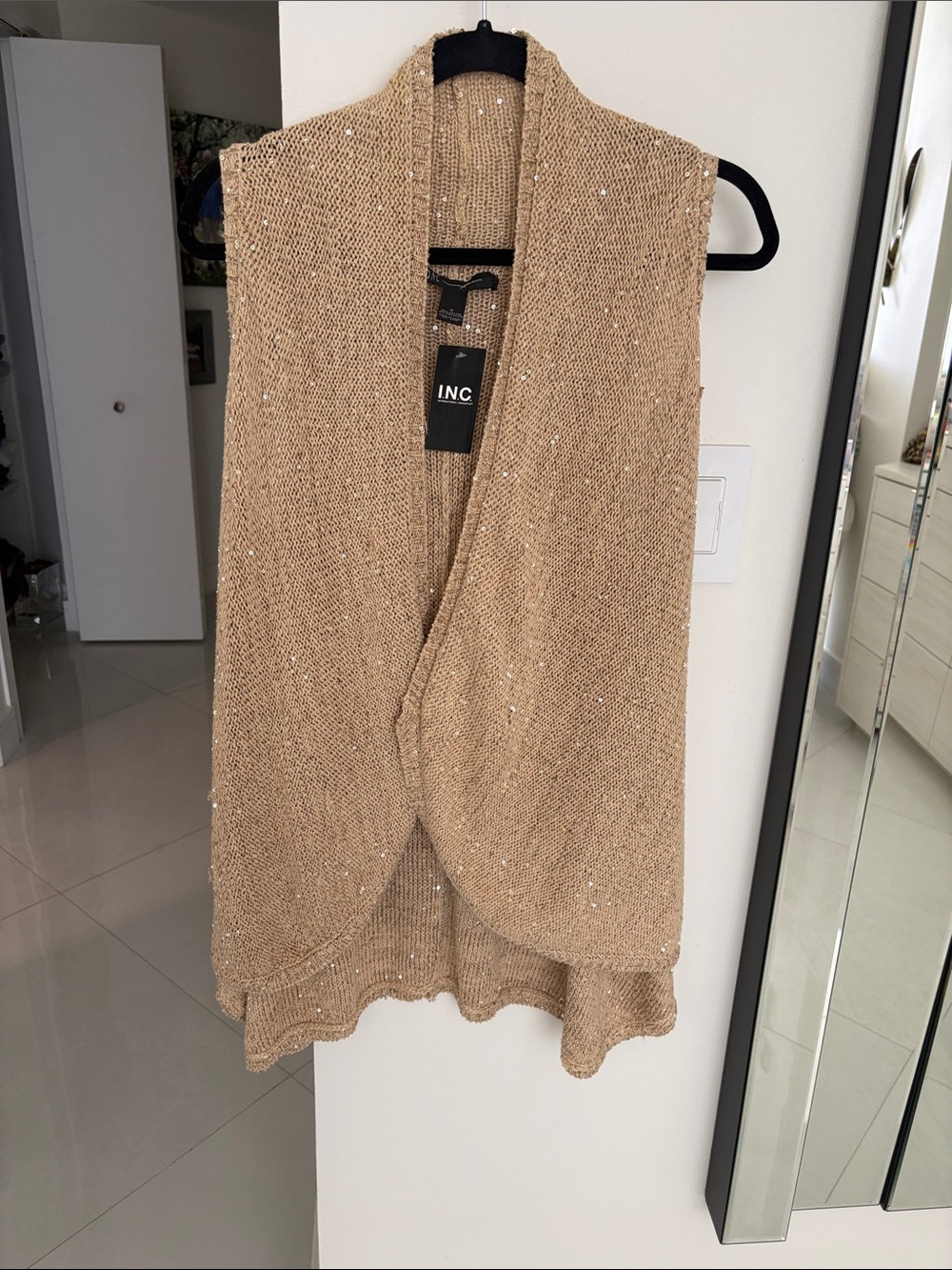 INC International Concepts Tan Open-Front Sequin Knit Vest